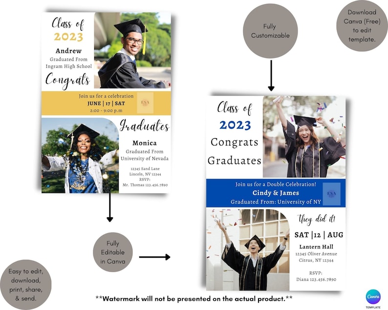 Graduation Party Invitation Template Two Graduates Invitation Etsy