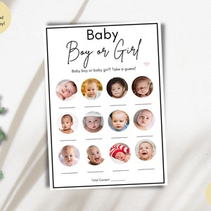 Bebé niño o niña, niño o niña divertido juego de baby shower, juego minimalista de baby shower, juego de baby shower con cara de bebé