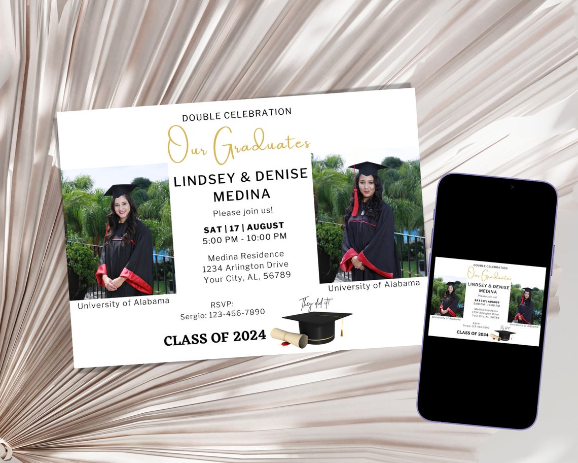Two Graduates Invitation Template: Photo Graduation Party Invite ...