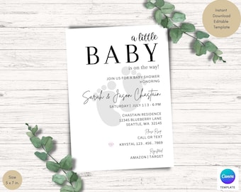 Er is een kleine baby onderweg! Minimalistische baby shower uitnodiging, bewerkbare baby shower uitnodiging sjabloon, afdrukbare baby shower kaart