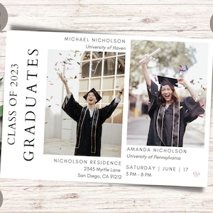 Graduation Party Invitation Template, Two Graduates Invitation with Multiple Picture, Print or Digital Party Invite, Graduation Announcement