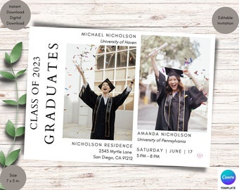 Two Graduates Invitation Template: Photo Graduation Party Invite (Digital Download)