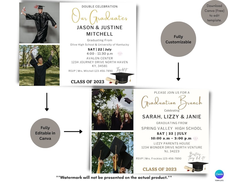 Graduation Party Invitation Template Two Graduates Invitation Etsy
