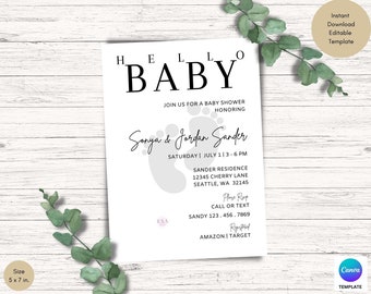 Minimalistische baby shower uitnodiging, bewerkbare baby shower uitnodiging sjabloon, Hallo baby shower uitnodiging, afdrukbare baby shower kaart