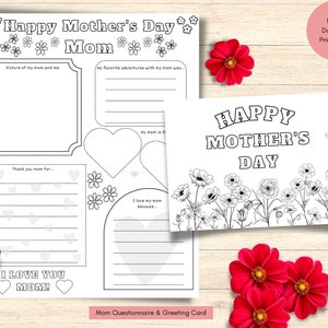 Cartão para colorir de dia das mães para crianças, questionário de dia das mães e cartão de crianças, páginas para colorir de cartão de dia das mães, oferta 3 em 1