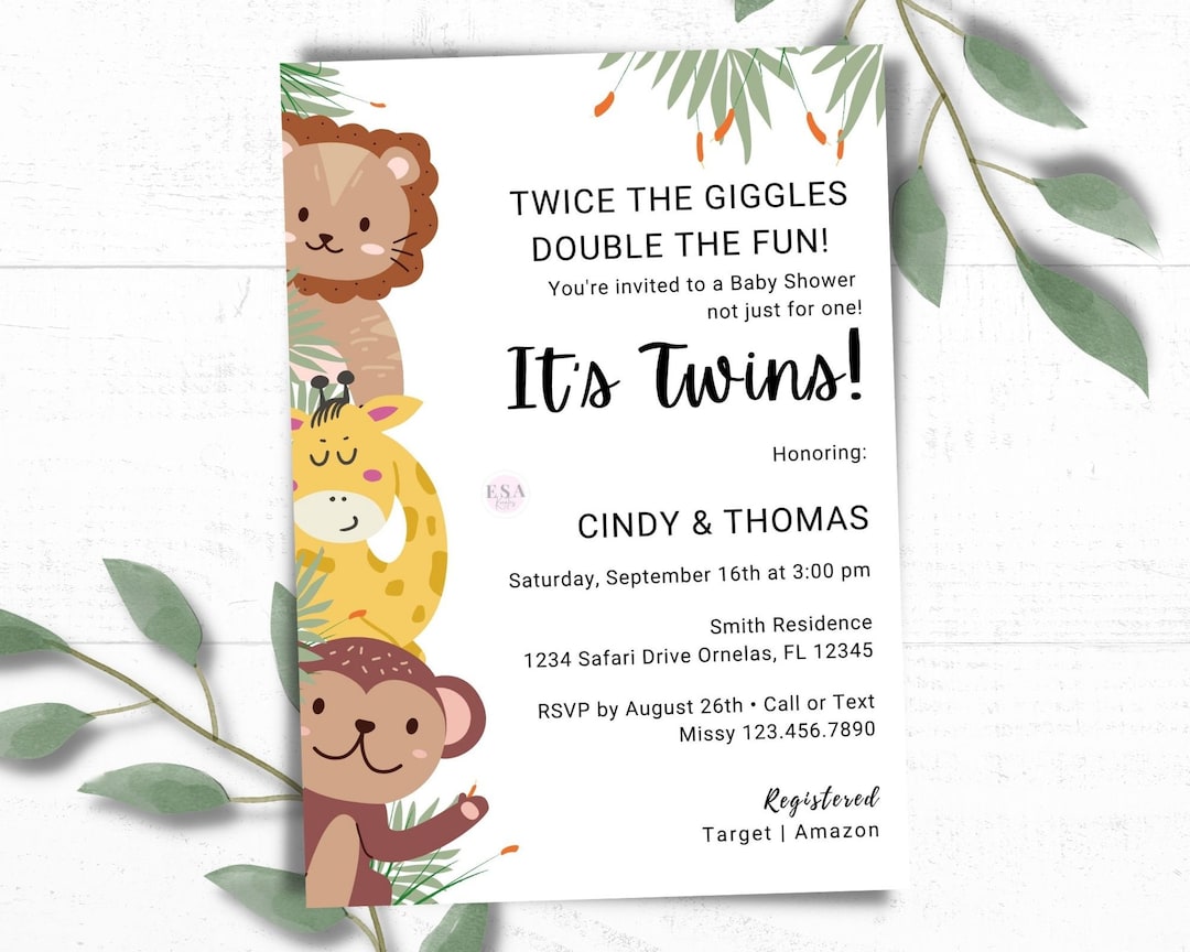 Safari Baby Shower Invitation Twins Baby Shower Twice the Etsy