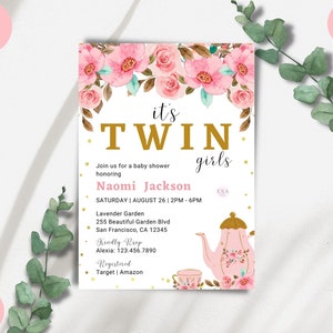 Baby Shower Tea Party Invitation, It's Twin Girls, Twin Baby Shower, Floral Pink Tea Party Baby Shower Invitation