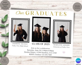 Graduation Party Invitation Template, Two Graduates Invitation with Multiple Picture, Print or Digital Party Invite, Graduation Announcement