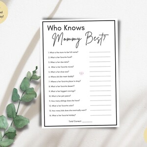 Who Knows Mommy Best, Minimalist Baby Shower Game, Mommy Questionnaire Game, Printable Baby Shower Game