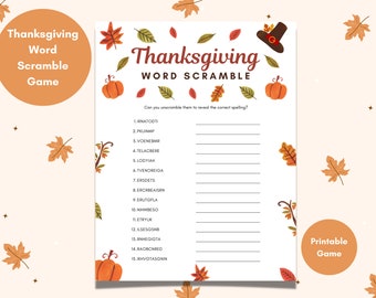 May include: A printable Thanksgiving word scramble game with a white background and fall-themed illustrations. The game features 15 words to unscramble, including "turkey", "pumpkin", and "cornucopia".