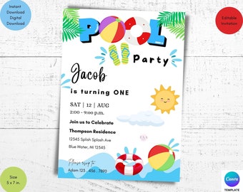 Editable Pool Party Birthday Invitation Template, Printable Birthday Invitation, Digital Download, Instant Download