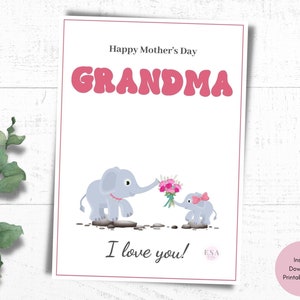 Cartão de dia das mães imprimível para vovó, cartão de feliz dia das mães, vovó e bebê elefante, cartão de dia das mães com flor rosa
