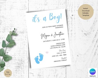 Minimalistische jongen baby shower uitnodiging, het is een jongen baby shower uitnodiging, blauwe baby shower uitnodiging jongen, bewerkbare uitnodiging sjabloon