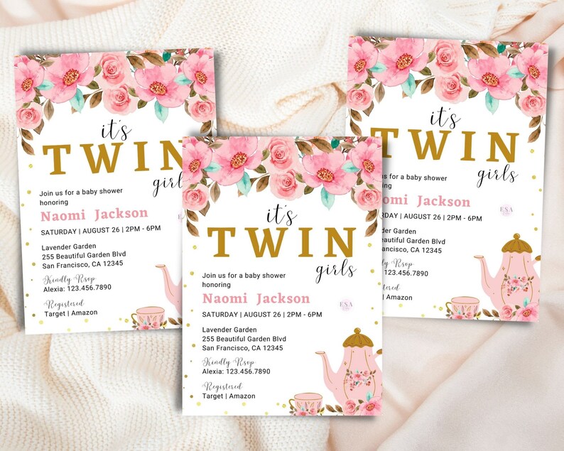 Baby Shower Tea Party Invitation, It's Twin Girls, Twin Baby Shower