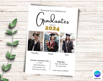Graduation Invitation 2024 Template, Modern Graduation Announcement, Graduation Party Invitation, Three Photo Graduation Invitation Template
