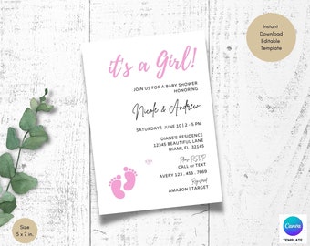 Minimalist Girl Baby Shower Invitation: Pink Editable Template (Digital Download)