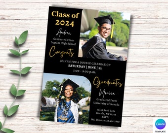 Graduation Party Invitation Template, Two Graduates Invitation with Multiple Picture, Print or Digital Party Invite, Graduation Announcement