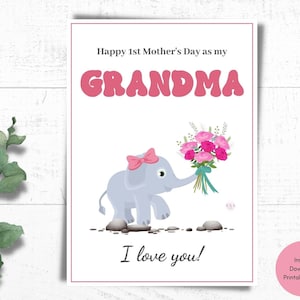 Cartão imprimível do primeiro dia das mães para a avó, cartão imprimível do bebê elefante, primeiro cartão do dia das mães para a avó