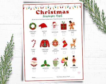 May include: A printable Christmas scavenger hunt game with a checklist of 12 Christmas-themed items to find, including a Christmas wreath, Santa's hat, snowman, present, gingerbread man, candy cane, Christmas sweater, green ornament, stocking, reindeer, Santa, mistletoe, hot cocoa, elf, and nutcracker.