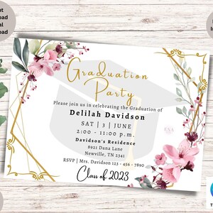May include: A graduation party invitation with a white background and gold geometric shapes. The invitation features a floral design with pink and burgundy flowers. The text on the invitation reads "Graduation Party" and "Delilah Davidson, Class of 2023".