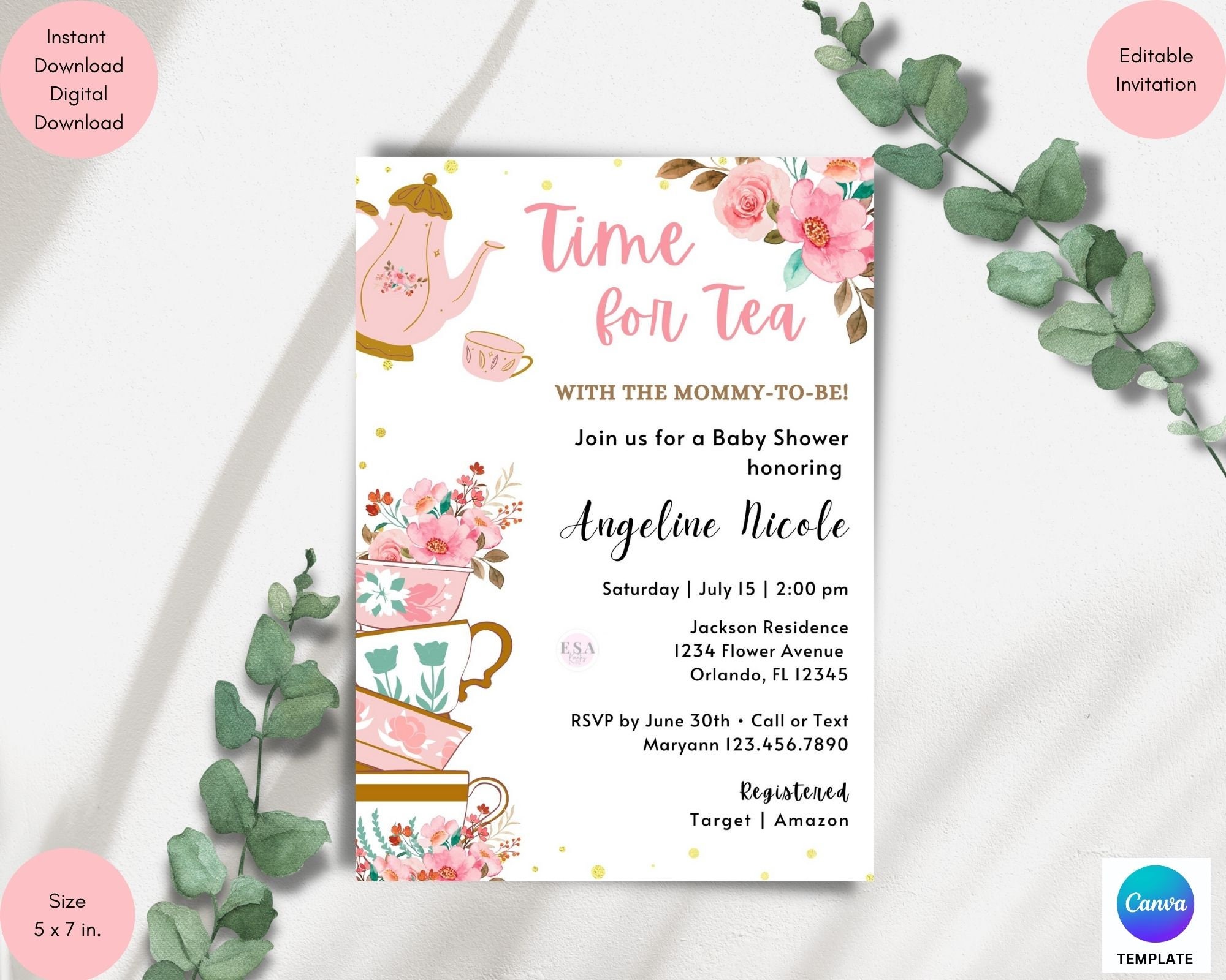 Baby Shower Tea Party Invitation Time forTea With the MommyToBe Floral Pink and Gold Time for Tea Printable Editable Template