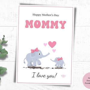 Cartão de Dia das Mães para impressão, Cartão de Feliz Dia das Mães Bebê Elefante, Cartão de Mãe e Filha
