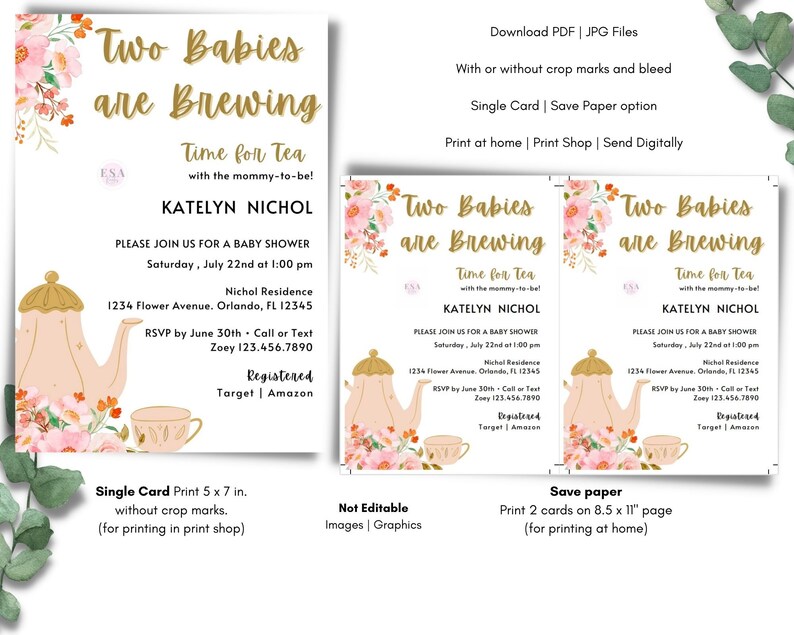 Twin Baby Shower Invitation Template Floral Baby Shower Etsy