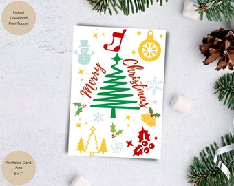 Merry Christmas Card, Colorful Christmas Tree Card, Christmas Greeting Card, Cute Christmas Card, Printable Christmas Card