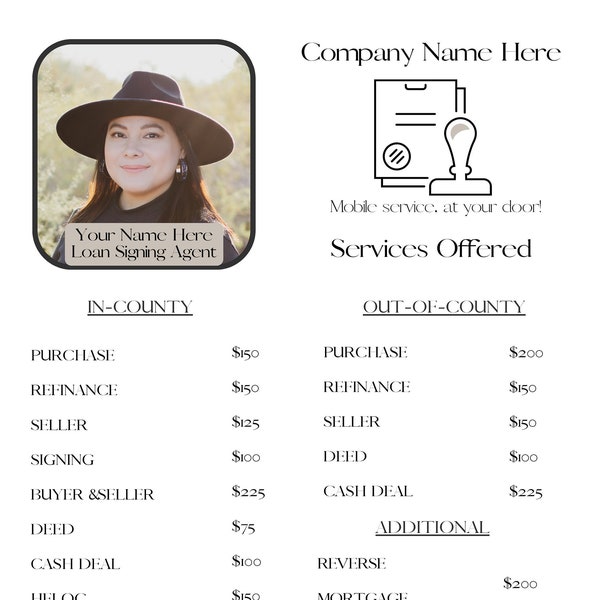 Notary | Loan Signing Agent | Brochure Price List | Simple Template