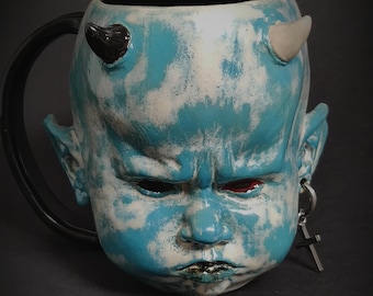 Little Devil Spooky Mug - "Larimar Dio" - Stoneware Mug- Cup- ceramic mug- Satanic Mug - Custom design - Handmade - Airbrushmaniacs -