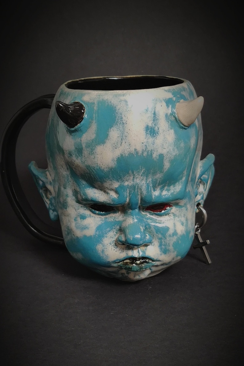 Little Devil Spooky Mug Larimar Dio Stoneware Mug Cup ceramic mug Satanic Mug Custom design Handmade Airbrushmaniacs image 1