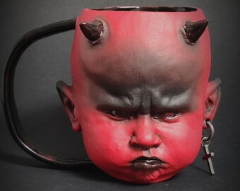 Handmade Devil Mug - "Crimson Dio" - Soil mug - Home Decor - ceramic mug - Unique Mug - Airbrushmaniacs - Kitchenware,