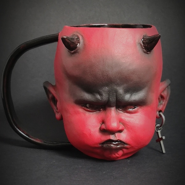 Handmade Devil Mug - "Crimson Dio"- Soil mug - Home Decor - ceramic mug - Unique Mug - Airbrushmaniacs - Kitchenware,