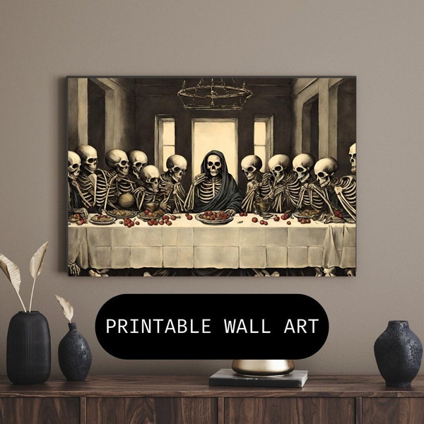 Vintage Skeleton Last Supper, AI Wall Decor, Macabre Art, Dark humor art, Skeleton home decor, Digital print, Alternative, Goth Aesthetic