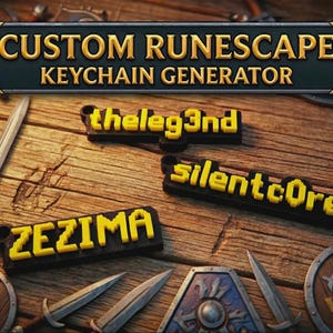 May include: Custom Runescape keychain generator with three keychains that read "theleg3nd", "silentc0re", and "ZEZIMA" in yellow pixelated font. The keychains are black with yellow lettering. The background includes swords and shields.