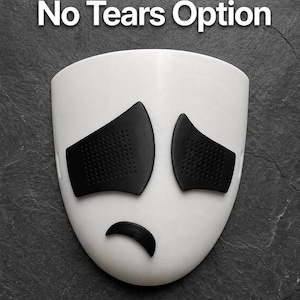 May include: A white mask with black eye coverings and a curved black mouth, with the text "No Tears Option" above. The mask has a sad expression.