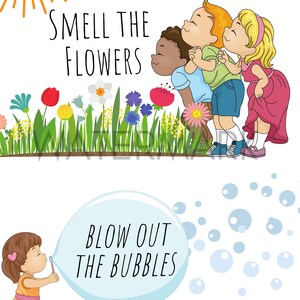Op de afbeelding: Illustratie van kinderen die bloemen ruiken met de tekst "Smell the Flowers" en een meisje dat zeepbellen blaast met de tekst "Blow Out the Bubbles".