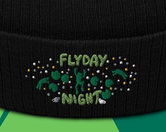 Flyday Night Beanie - Frogs and Flies Dancing Ribbed Knit Beanie