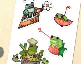 Cute Frogs: Strawberry Frog, Chef Frog, Umbrella Frog, Keytar Daisy Frog - Frog Variety Sticker Sheet