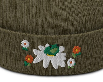 Froggy Flower Power Ribbed Beanie - Cute Frog on White and Orange Daisy Flowers Hat