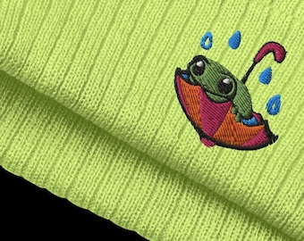 Frog in an Umbrella Ribbed Knit Beanie