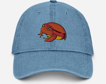 Tomato Frog Denim Hat - Cool Embroidered Dad Hat with Red Madagascar Tomato Frog