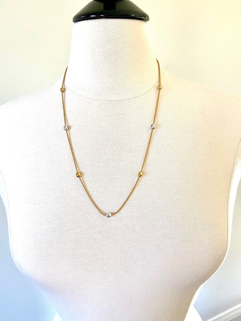 Vintage Monet long two tone satellite necklace with mixed metal ball beads gold and silver plated from LOLO Modern Vintage