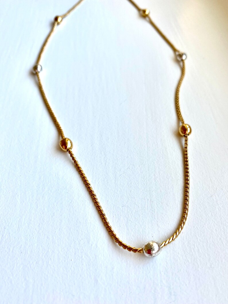 Vintage Monet long two tone satellite necklace with mixed metal ball beads gold and silver plated from LOLO Modern Vintage