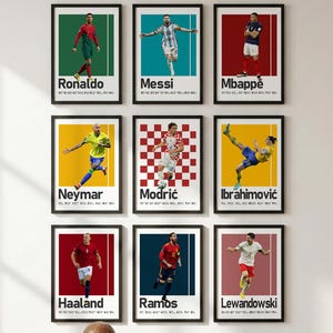 Paquete de 9 carteles de jugadores de fútbol, Ronaldo, Messi, Ibrahimovic, Mbappé, Haaland, Lewandowski, Neymar, Ramos, Modric imagen 1