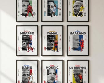 9 Football Poster Collection, Ronaldo, Messi, Neymar, Kane, Modric, De Bruyne, Mbappe, Yamal, Haaland