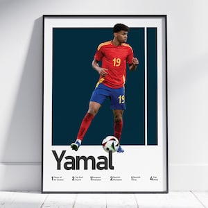 May include: A framed poster featuring a soccer player in a red jersey with yellow stripes and blue shorts, number 19, dribbling a soccer ball. The text reads Yamal, with statistics listed below including Player of the Season and Cup Titles.
