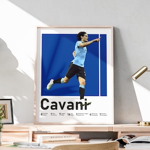 Puede incluir: Un p&oacute;ster azul y blanco con una foto de un jugador de f&uacute;tbol celebrando un gol. El jugador lleva una camiseta azul claro y pantalones cortos negros. El p&oacute;ster tiene el texto "Cavani" en letras negras y una lista de los logros del jugador.