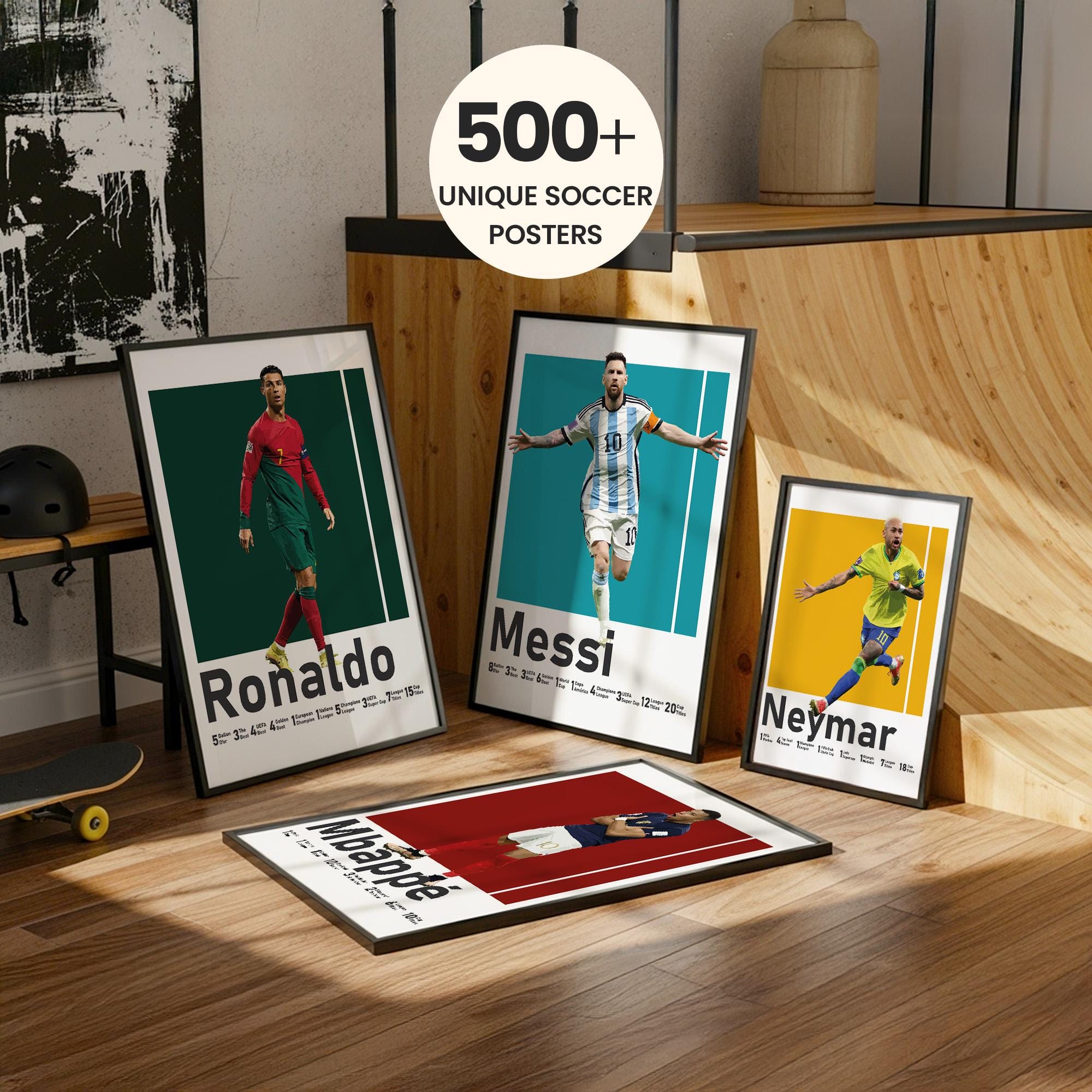 印刷可能なメッシ、ロナウド、ネイマール、ムバッペのポスターバンドル