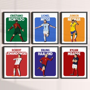 印刷可能な手描きの 6 人のサッカー選手のポスター バンドル、メッシ、ロナウド、レヴァンドフスキ、ネイマール、ムバッペ、ハーランドのウォール アート、子供部屋の装飾